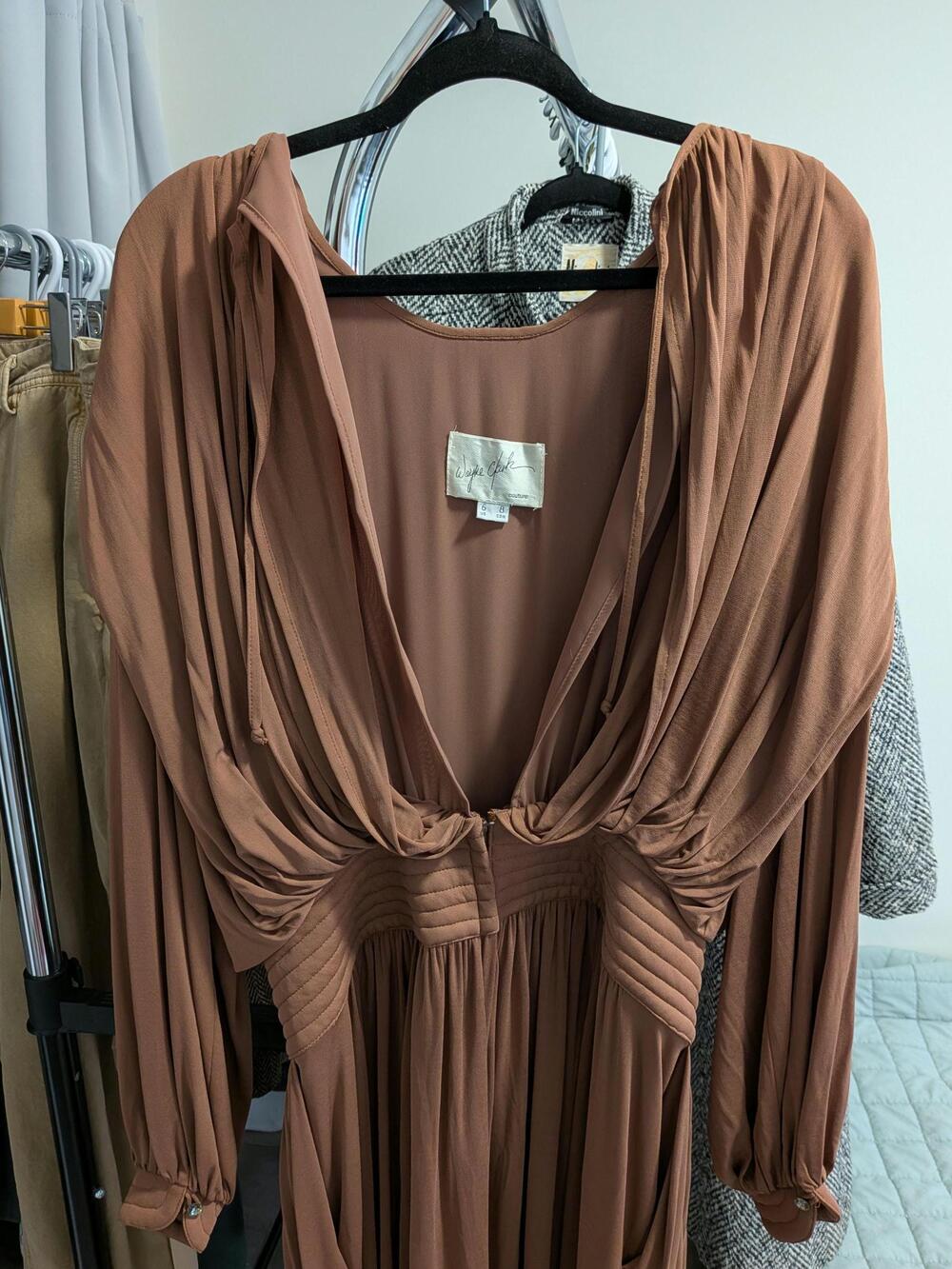 Wayne Clark Couture Brown Maxi Dress: 1980s Ruched Waist Evening Gown, Size US 6